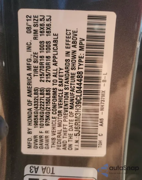 2012 Honda Cr-V Lx from USA, damaged, VIN 5J6RM3H39CL044488